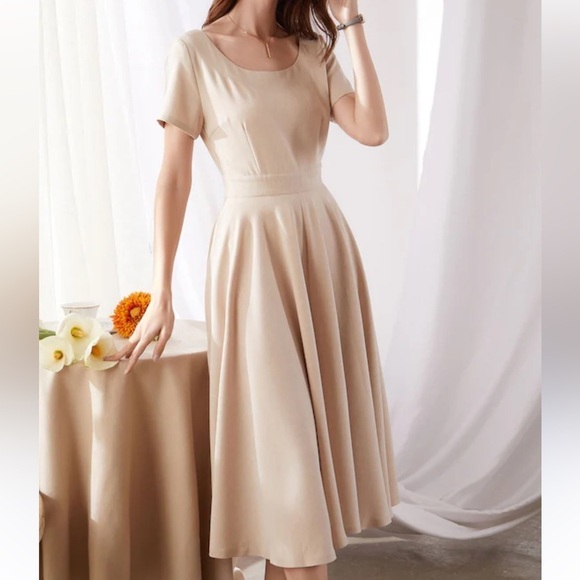 Xiaolizi Fit & Flare Modest Dress Retro Style  Short sleeve Neutral Small - Picture 2 of 11